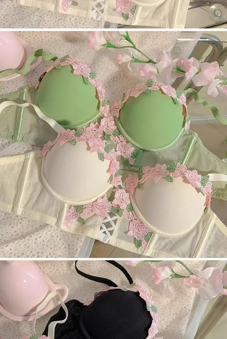 New French Retro Sexy Lace Sweet Floral Embroidery Bra Push-up Bra