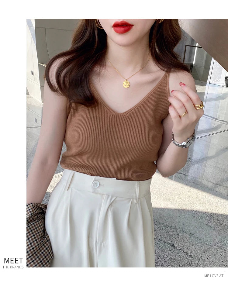Korea Summer Tops 2026 New Solid V-Neck Elastic Knitted Suspender Camis Women's Tanks Clothing Basics Shirt