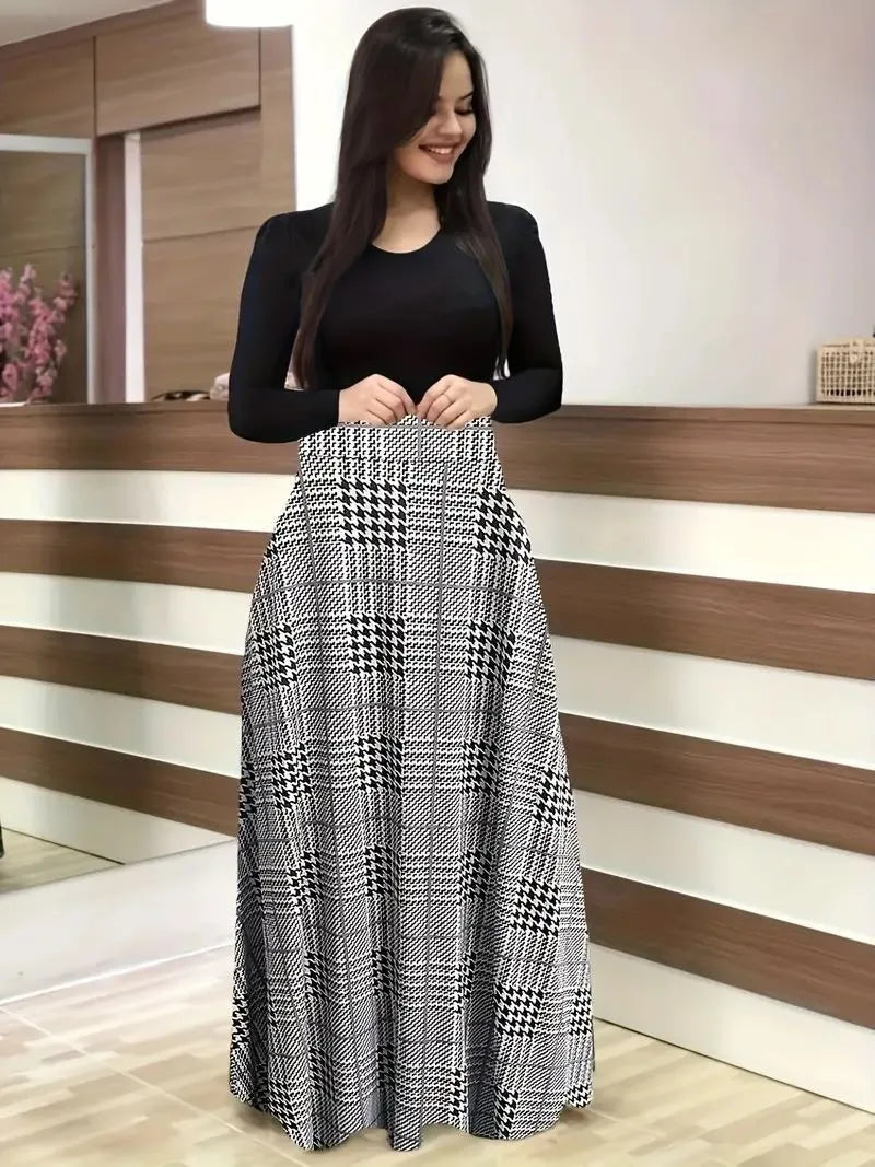 New flower print color blocked long sleeved dress for 2025