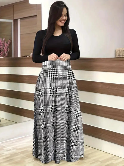 New flower print color blocked long sleeved dress for 2025