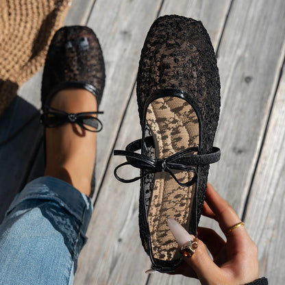 Plus Size 43 Women Fashion Ballet Flats Breathable Laces Square Toe Spring Summer Flat Shoes For Female Daily Walking Loafers