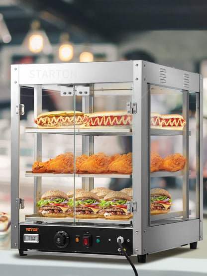 2/3 Tiers Countertop Food Warmer Commercial 3D Heating Pizza Pastry Warmer with Temp Knob Display Kitchen Appliance