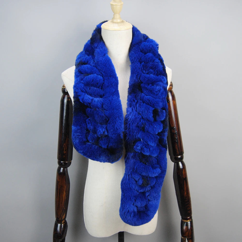 Winter Women Knitted Real Rex Rabbit Fur Scarf Natural Soft Long Style Rex Rabbit Fur Muffler Lady Warm 100% Genuine Fur Scarves
