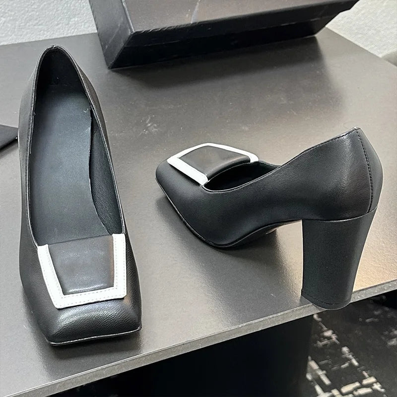 Top quality women's square toe block high heels single shoes Contrasting color design sheepskin fabric leather outsole 25110872