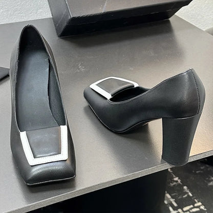 Top quality women's square toe block high heels single shoes Contrasting color design sheepskin fabric leather outsole 25110872