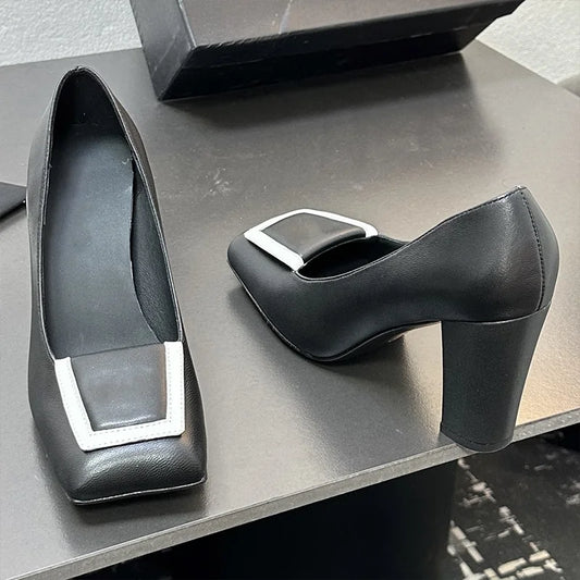 Top quality women's square toe block high heels single shoes Contrasting color design sheepskin fabric leather outsole 25110872