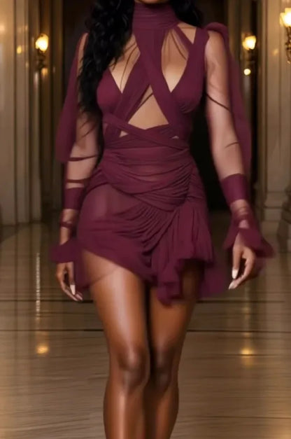 Modern Brown Short Evening Dresses Chiffon Full Sleeves High Collar Cocktail Dresses Pleated Birthday Party Gowns