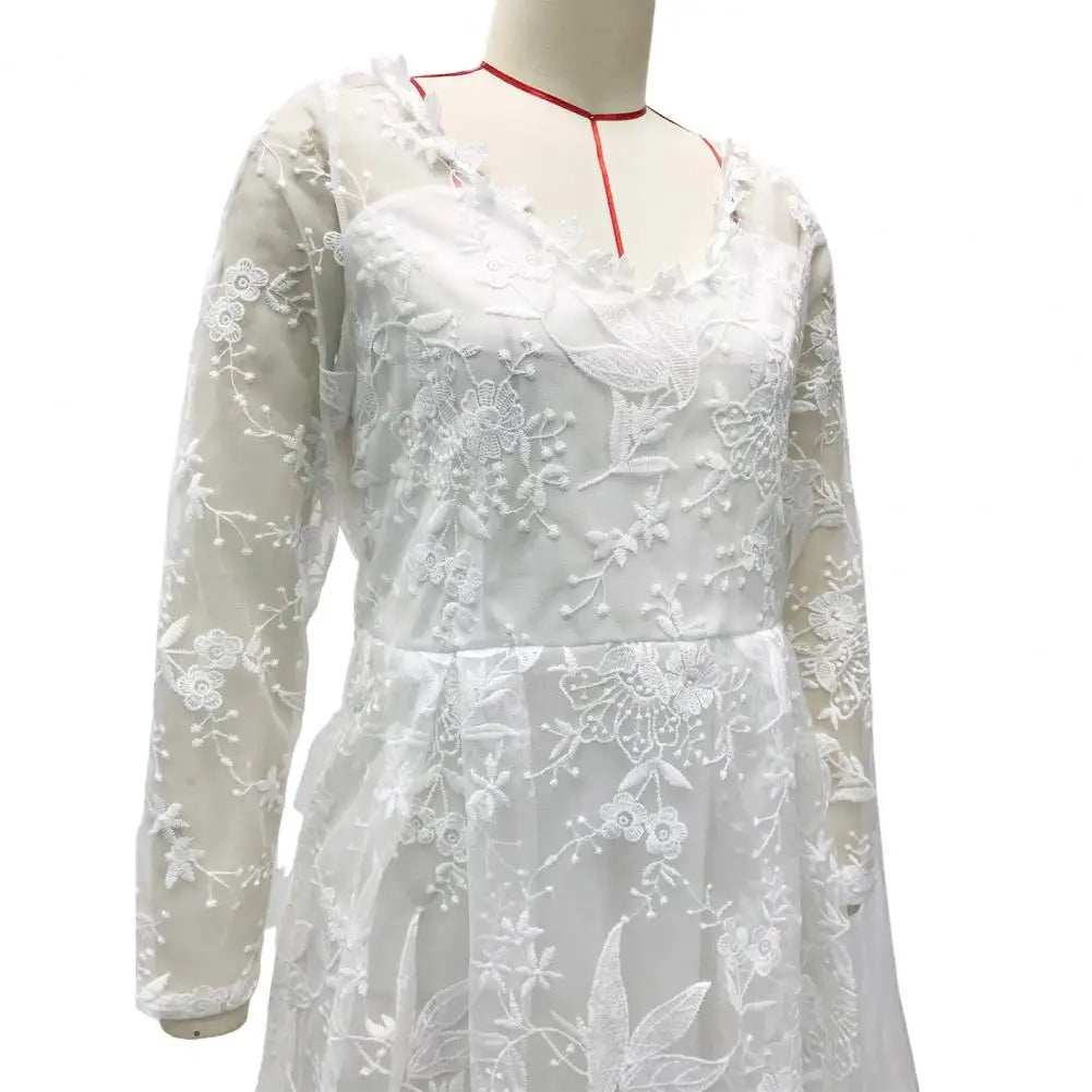 Detail Lace Cocktail Party Dress Floral Embroidere Maxi Dress Women Wedding Bride Dress Lace Long Sleeve Back Zipper Lace