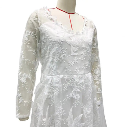 Detail Lace Cocktail Party Dress Floral Embroidere Maxi Dress Women Wedding Bride Dress Lace Long Sleeve Back Zipper Lace