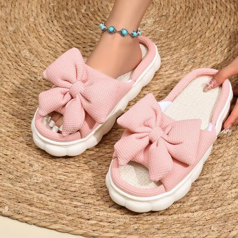 Linen Casual Platform Slippers Women Home Bowknot Luxury Designer Woman Shoes Flats Elegant Fashion Footwear Lovely Large Size