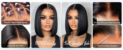 200Density Straight Short Bob 5x5 HD Lace Front Human Hair Wigs 4x4 Lace Closure Wig Brazilian Black Wig For Women Cheap On Sale