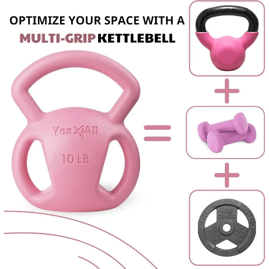 10LB Pink+15LB Green Kettlebell, Strength Training Kettlebells for Women, Wide Multi-grip Textured Handle for Home Gym Exercises