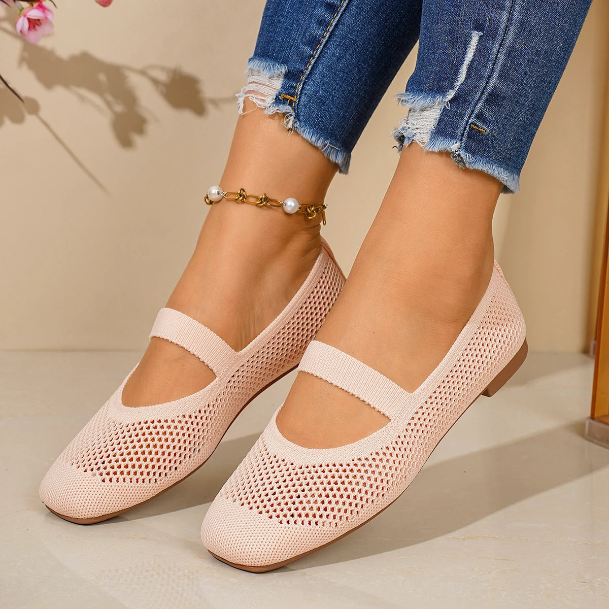 Women Flats Shoes Slip on Foldable Loafers for Women Square Toe Single Shoes Hollow Out Fashion Mom Casual Shoes for Ladies