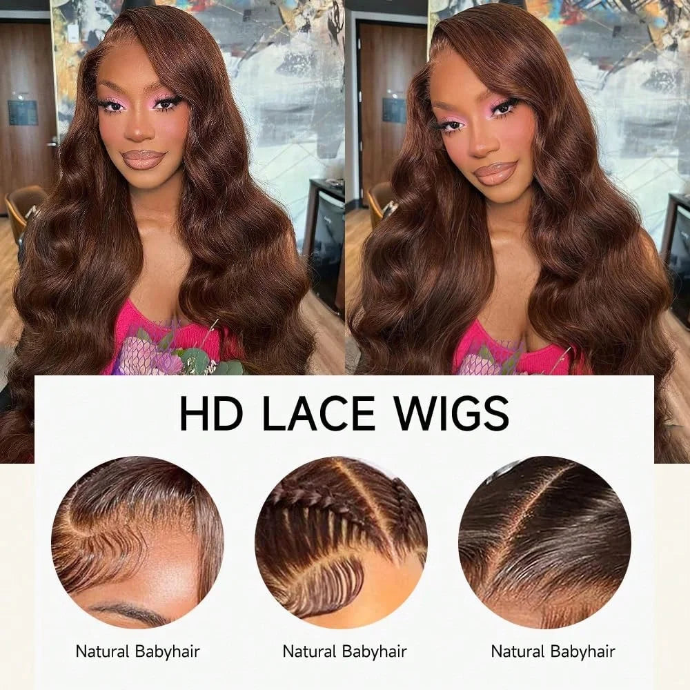 OKVOKV Chocolate Brown Color Body Wave 13x4 Transparent Lace Front Wigs 250% Density 30 32 Inch Human Hair Pre Plucked With Baby Hair For Women Body Wave HD Lace Front Wigs