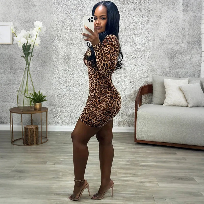 FAGADOER Spring New Sexy Leopard Print Dresses Woman Off-shoulder Backless Bandage Patchwork Dress Female Streetwear Vestidos