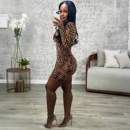 FAGADOER Spring New Sexy Leopard Print Dresses Woman Off-shoulder Backless Bandage Patchwork Dress Female Streetwear Vestidos