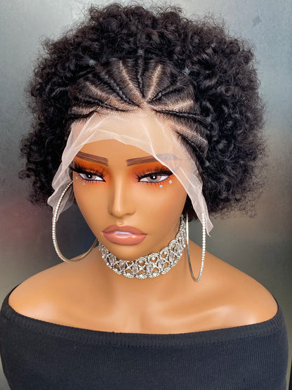 13x4 Lace Front Braided Wigs Human Hair, Pre Braided Afro Kinky Curly Wigs Afro Puff Design for Women