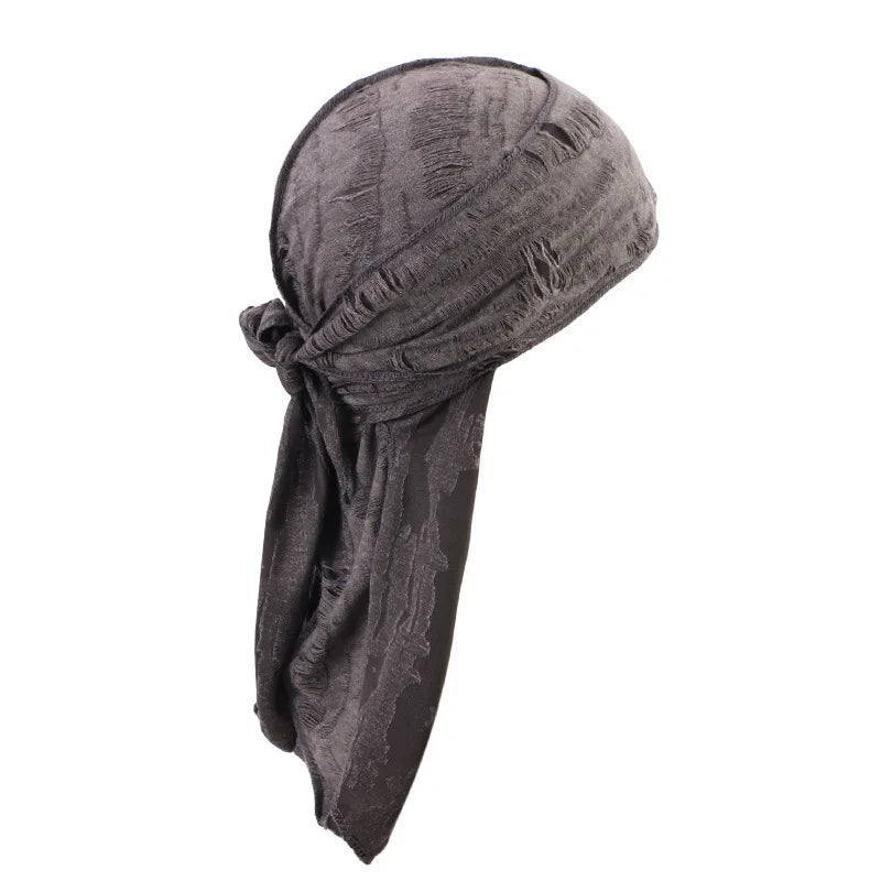 Men's Distressed Street Pirate Style Durag Head Wrap,Breathable Casual Streetwear Bandana with Double Long Tail Strap Pirate Hat