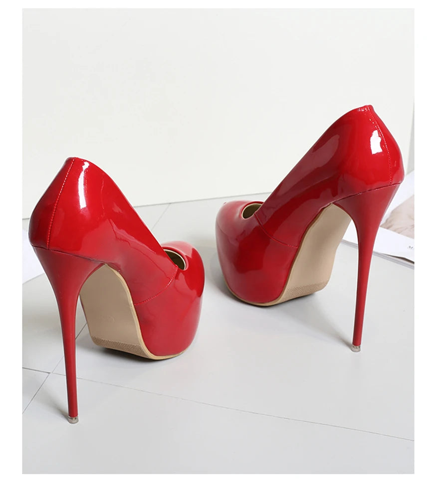 Big Size 35-47 Patent Leather Red Wedding Shoes 2025 Women Round Toe Super High Heels 16cm Pumps Sexy Platform Party Shoes Woman