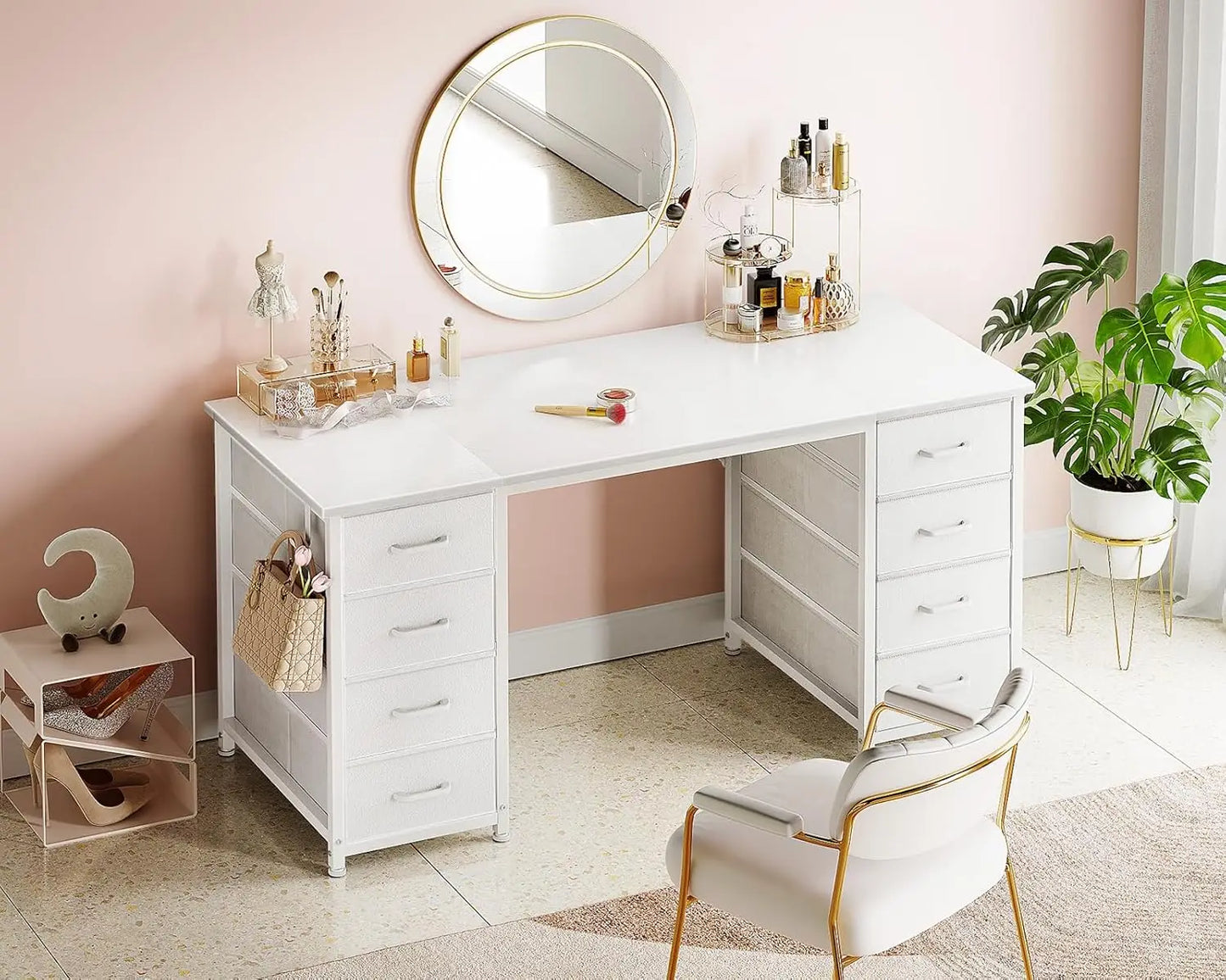 48 Inch White Computer Desk with 8 Fabric Drawers, Modern Office Desk with Large Storage for Home Office, Study,, Customized