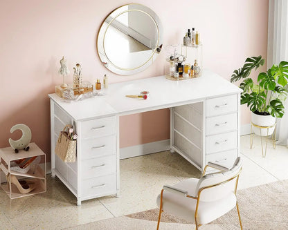 48 Inch White Computer Desk with 8 Fabric Drawers, Modern Office Desk with Large Storage for Home Office, Study,, Customized
