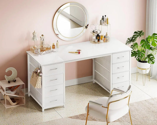 48 Inch White Computer Desk with 8 Fabric Drawers, Modern Office Desk with Large Storage for Home Office, Study,, Customized