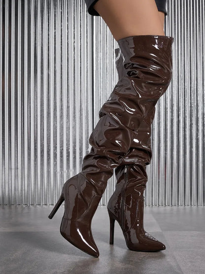 Sharp Pointed Patent Leather Fashionable Women's Boots Model Walking High Heels Boots Brown High Top Knee Size