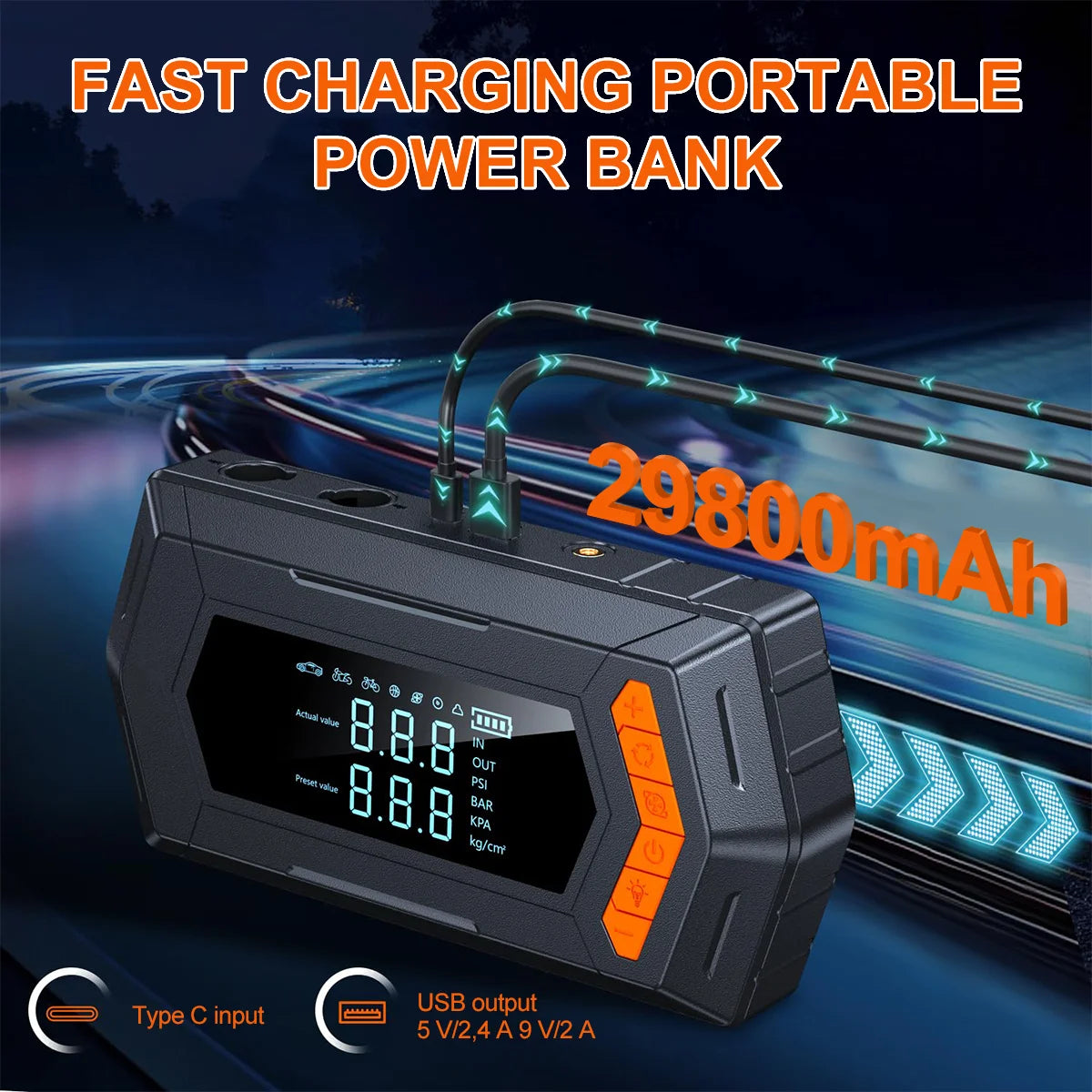 Jump Starter Air Compressor with Power Bank Portable 9000A Battery Booster 150PSI Tire Inflator 12V Car Starting Device