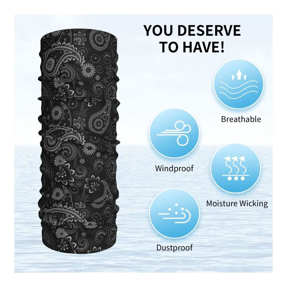 Custom Black Bandana Pattern Bandana Neck Gaiter for Hiking Cycling Women Men Wrap Scarf Paisley Style Headband Warmer