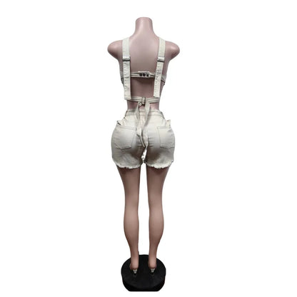 2 Piece Sets Women Denim Shorts Suit Sexy Vest Top Strap Backless Jeans Short Pants Pockets Outfits 2025 Streetwear Ensemble