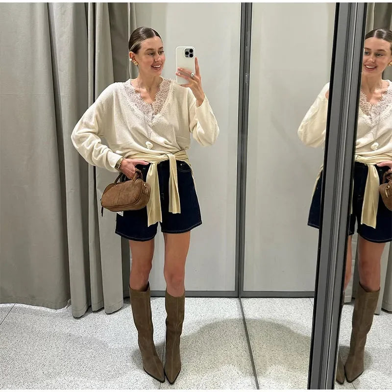 Women Fashion Lace Pullovers Elegant Long Sleeves Chic V-neck Solid Slim Knitwear 2025 Autumn Winter Daily Commute Outerwear