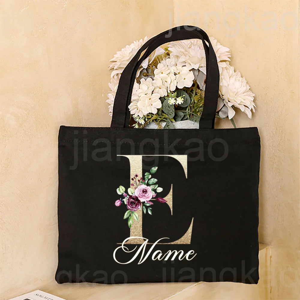 Personalized Initial with Name Tote Bag Women Canvas Shoulder Bags Monogram Shopping Bag Handbags Birthday Wedding Gifts for Her