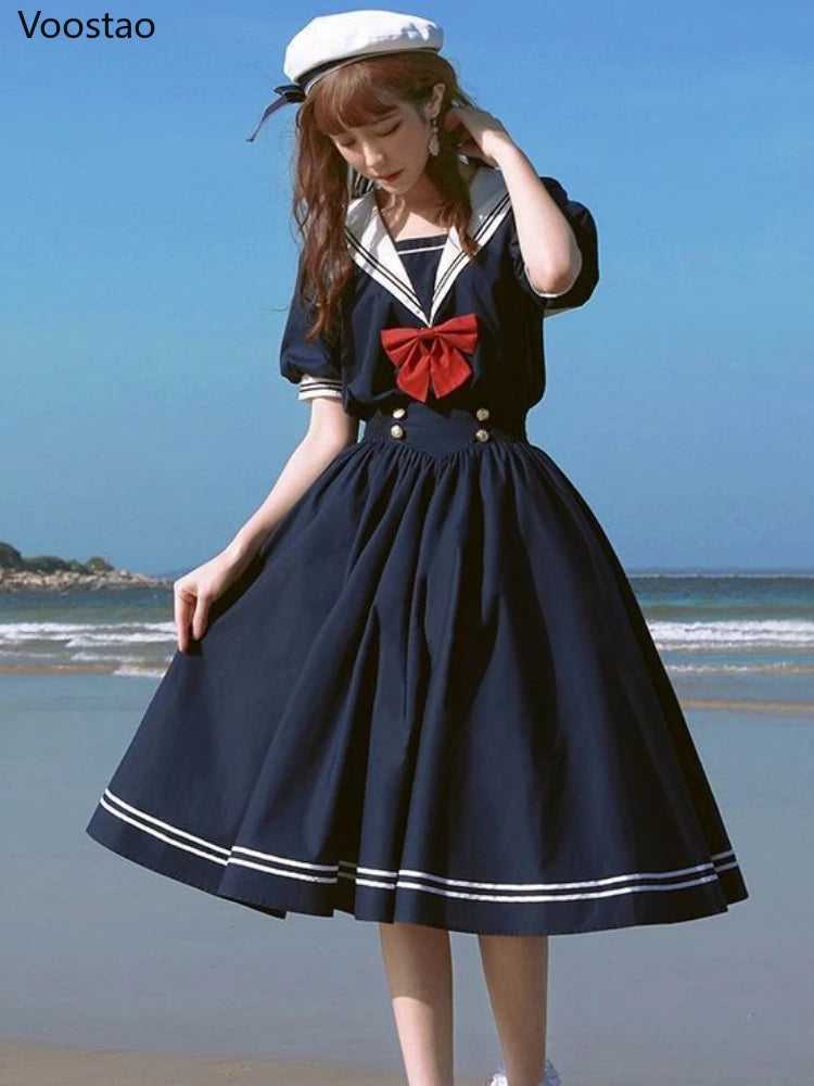 Japanese Soft Sister Cute Lolita Dress Women Sweet Puff Sleeve Slim Student Dresses Party Retro Girls Bow Salior Collar Vestidos