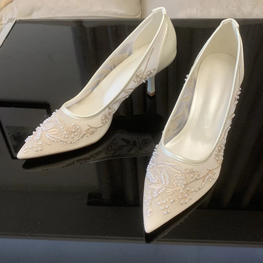 Pointed Toe Mesh Embroider High Heels for ladies Elegant String Bead pumps Sexy Luxury Designer Shoe Party Wedding Heeled Sandal