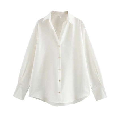 DUOPERI Women Fashion Satin Brown Blouse Lapel Neck Long Sleeves Vintage Female Chic Lady Shirts