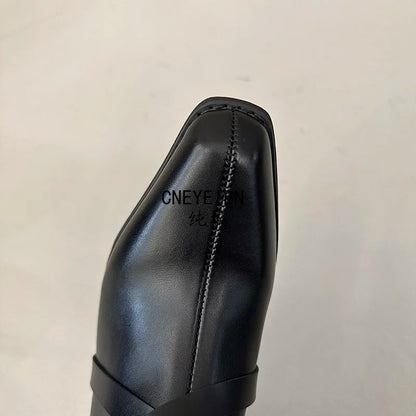 New Women Square Toe Cross Strap Buckle Knee High Boots Leather Chunky Heel Vintage Tall Boots Ladies Daily Commute Botas Mujer