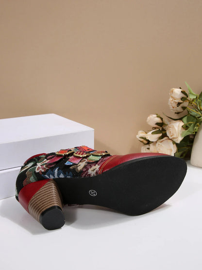 Women's Spring & Fall Short Boots, Bohemian Fashion Splicing Retro Short Boots, Casual Printed Western Leather Boots, Side Zippers, Suitable for Daily Commuting, Vacation, Parties