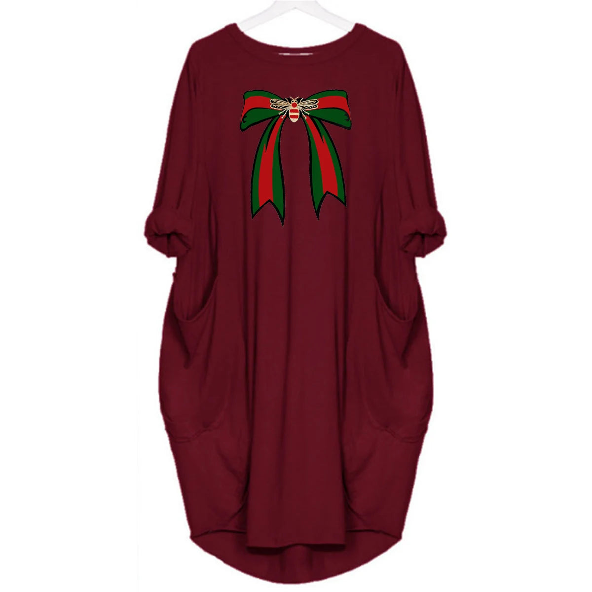 Ladies' summer loose bee bow pattern printed round neck short sleeved pocket comfortable casual plus size dress