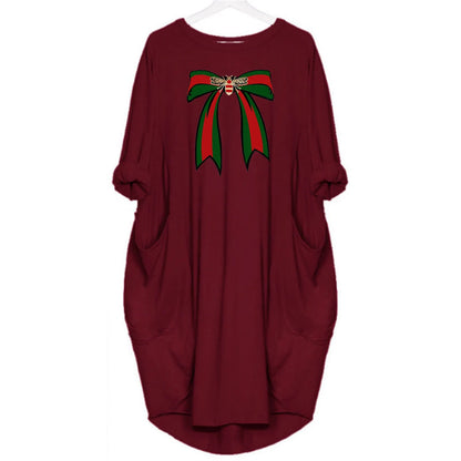 Ladies' summer loose bee bow pattern printed round neck short sleeved pocket comfortable casual plus size dress