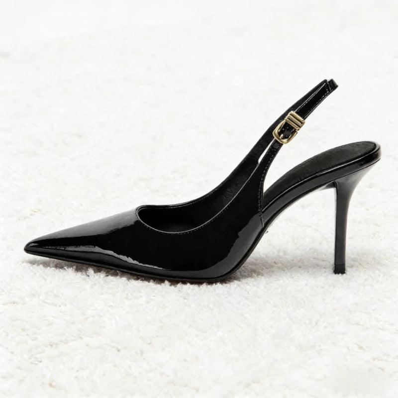 Luxury Patent Leather Metal Buckle Slingbacks Women Pumps Sexy Pointed Toe High Heels for Ladies Elegant Banquet Office Shoes