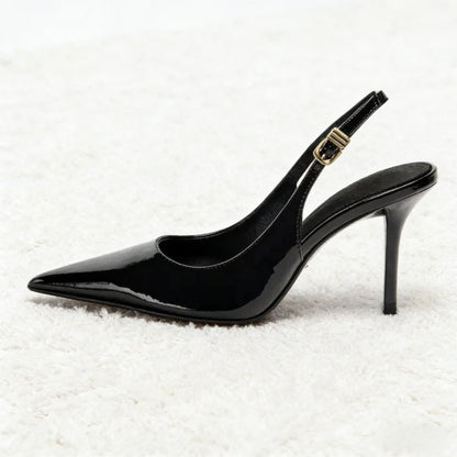 Luxury Patent Leather Metal Buckle Slingbacks Women Pumps Sexy Pointed Toe High Heels for Ladies Elegant Banquet Office Shoes