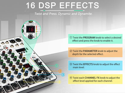 6-Channel Audio Mixer, DJ Mixer with USB Audio Interface, Bluetooth Function, 16 DSP Effects, and 3-Band EQ (ARMX-6)