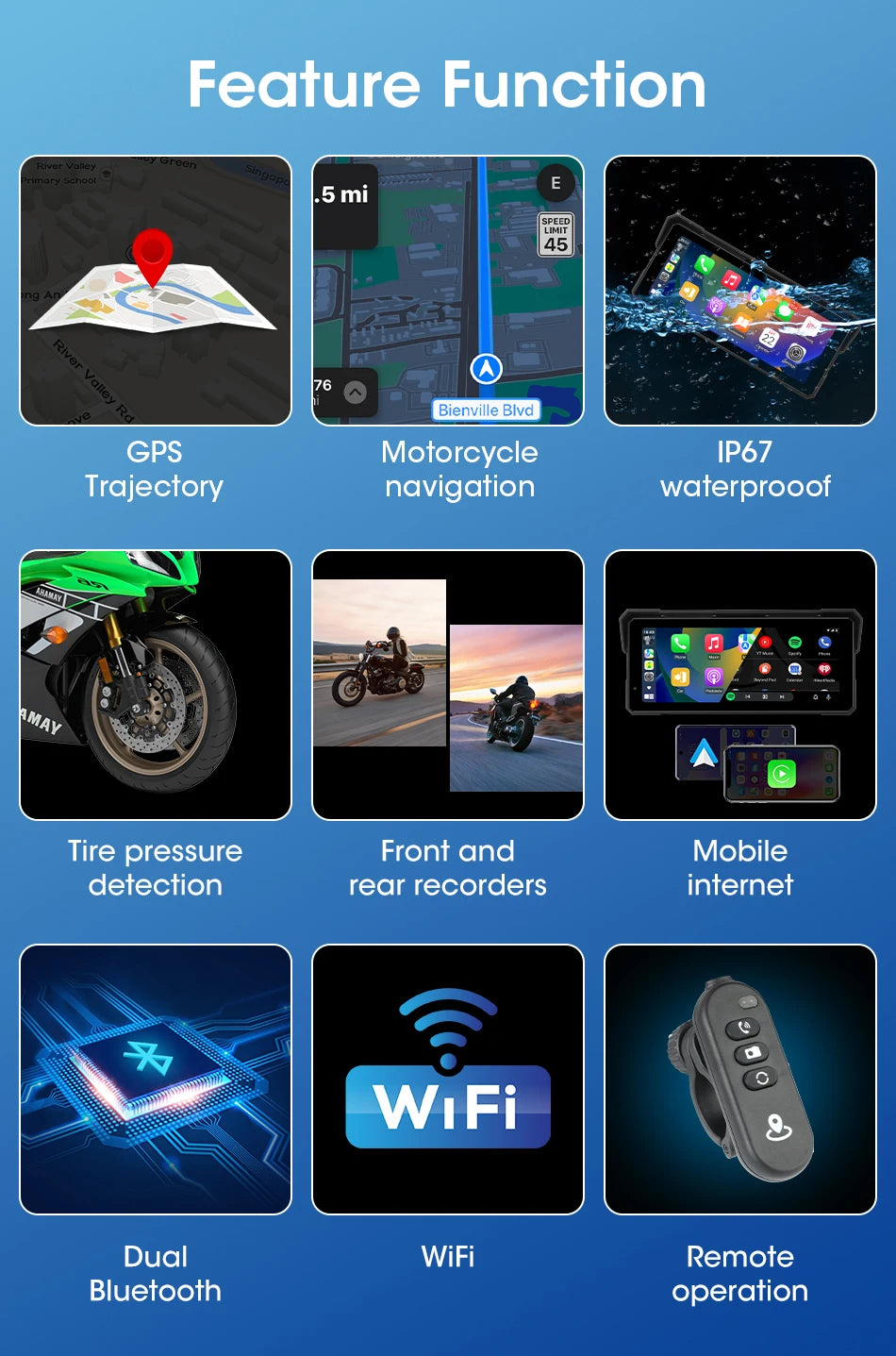 5/8.1 inch Motorcycle Carplay GPS Navigation Wireless Carplay Android Auto IPX7 Waterproof Support 4K+1080P Dual Lens DVR