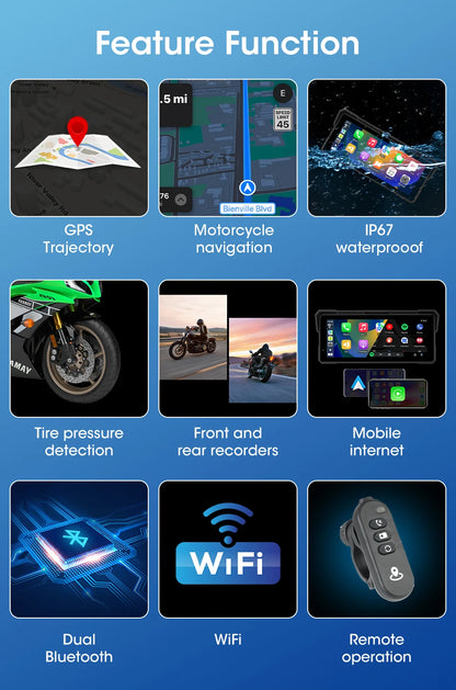 5/8.1 inch Motorcycle Carplay GPS Navigation Wireless Carplay Android Auto IPX7 Waterproof Support 4K+1080P Dual Lens DVR