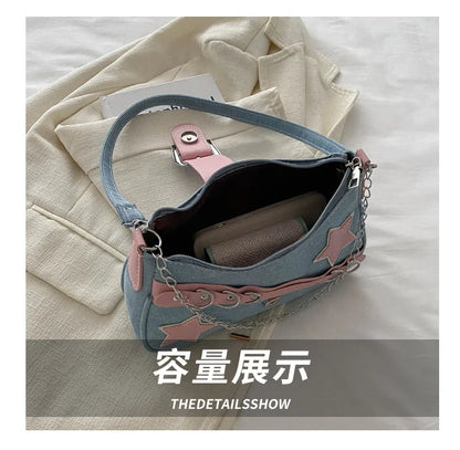 Y2k Hot Girls Denim Shoulder Bags Retro Rivet Star Women's Underarm Bag Portable Female Chain Armpit Bag Small Purse Handbags