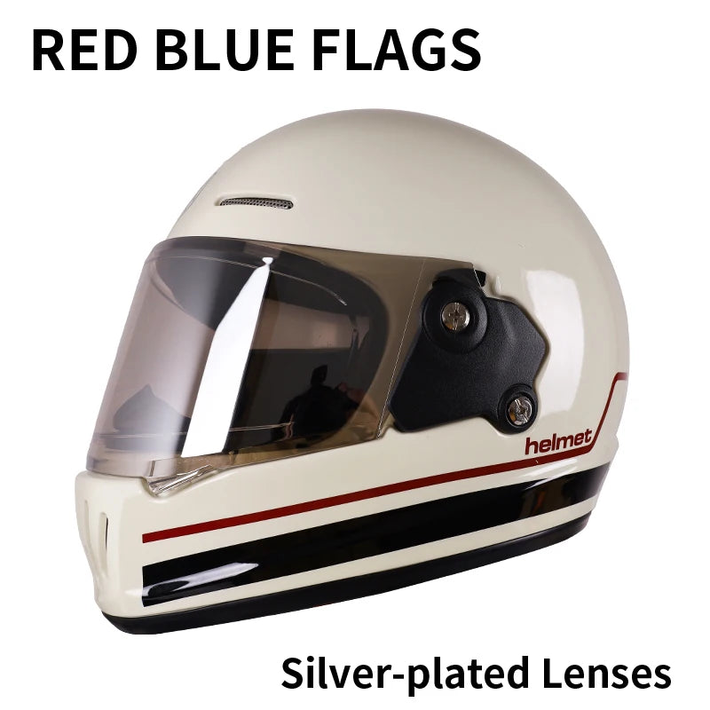 Retro-style full-face helmet with multi-color lenses, ABS material, DOT certified, suitable for all seasons