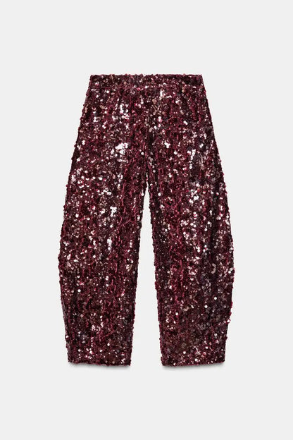 Chic Sequin Sleeveless Top Pants Set Women Faux Fur Patchwork Tops High Waist Straight Trousers Sets Lady Party Street Outfits