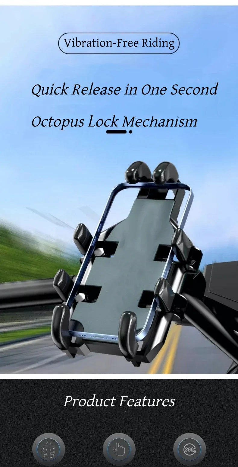 Motorcycle Phone Holder with 360° Rotation, Anti-Shake Motorcycle Phone Mount, Adjustable Handlebar Cellphone Holder for bikes