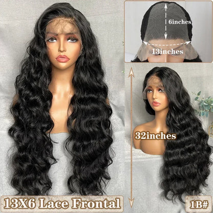 X-TRESS Synthetic Lace Front Hair Wigs for Women 32inch Long Loose Wave Black Color 13X6 Lace Frontal Wig with Natural Baby Hair