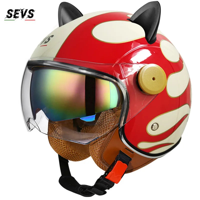 Motorcycle Helmet Retro 3C & DOT Certified Half Face ABS Helmet Dual Visor Hidden Sun Shield Removable Cute Cat Ears